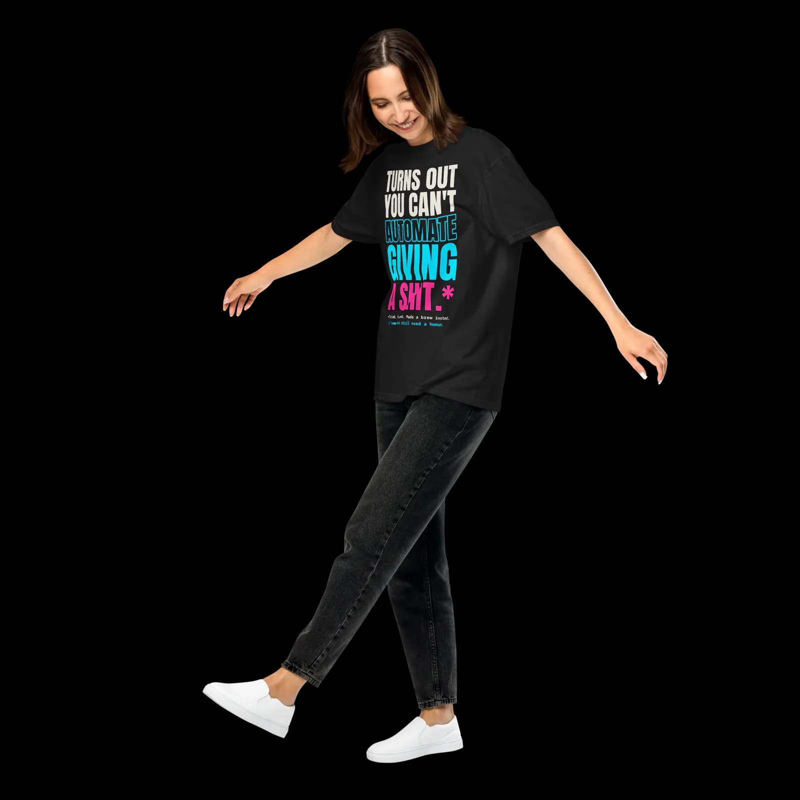 FKIT - Can't Automate tee, front, worn by a woman dancing