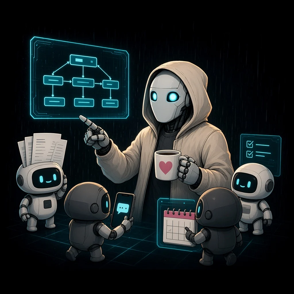 Nix, FKIT's character, managing a team of AI coworker bots