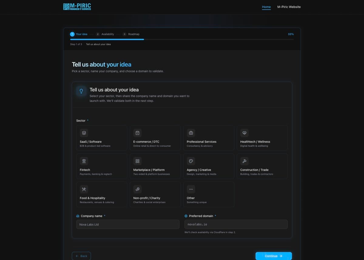 Launchpad multi-step wizard — sector and domain